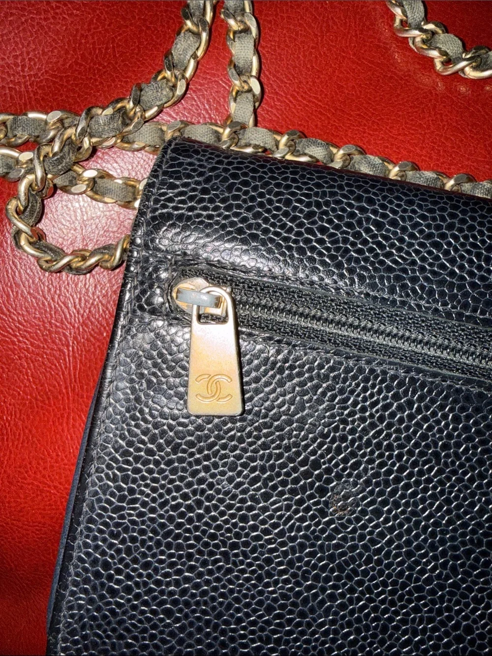 CHANEL Black Caviar Leather Crossbody with Gold Chain